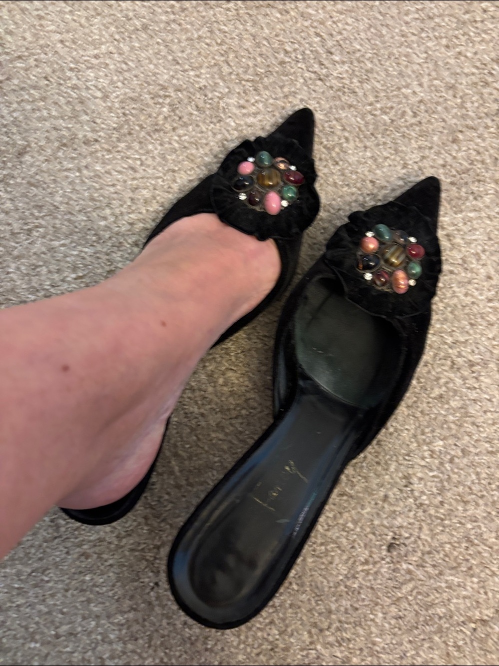 Black Velvet Pointed-Toe Mule Heels with Multicolor Gem Detail